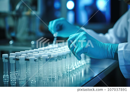 Skilled Staff Checking Medical Vials on the Pharmaceutical Production Line at Factory. created with Generative AI 107037891