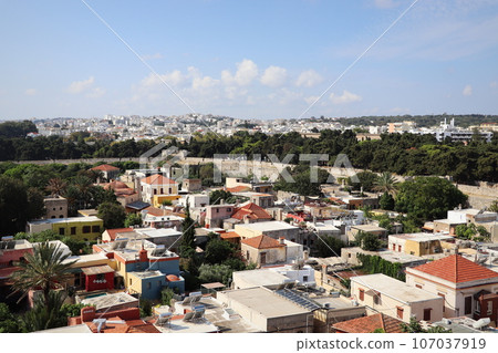 Rhodes old town aerial panoramic view in Rhodes island in Greece Rhodes old town aerial panoramic view in Rhodes island in Greece 107037919