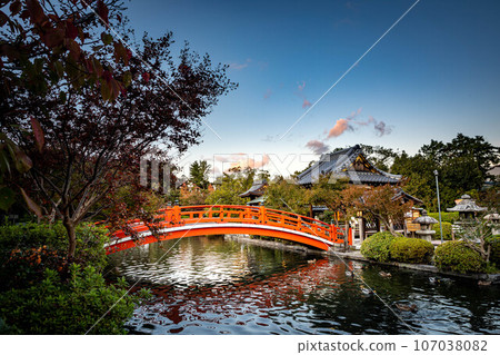 Autumn at Shinsen-en, vermilion-lacquered Hosei Bridge reflected in Hosei Pond, autumn sunset scenery. 107038082