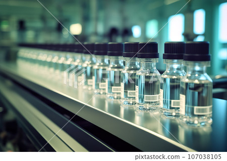 Pharmaceutical Manufacturing Medical Vials on Production Line in Pharmaceutical Factory, Demonstrating Industry Excellence. created with Generative AI 107038105