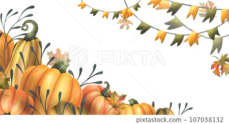 Orange autumn pumpkins with maple leaves, flags garland and twigs. Watercolor illustration, hand drawn. Template, frame on a white background Orange autumn pumpkins with maple leaves, flags garland and twigs. Watercolor illustration, hand drawn. Template, frame on a white background 107038132