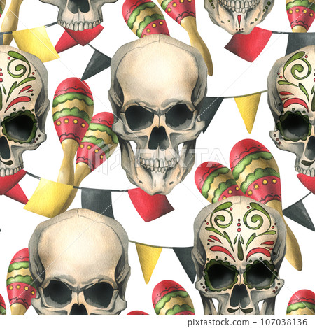 Ornamented human skulls with maracas, garland paper flags. Hand drawn watercolor illustration for day of the dead, halloween, Dia de los muertos. Seamless pattern on white background Ornamented human skulls with maracas, garland paper flags. Hand drawn watercolor illustration for day of the dead, halloween, Dia de los muertos. Seamless pattern on white background 107038136