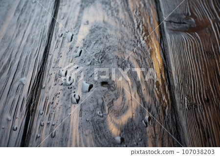 The wet wooden surface. Wood table background with rain water droplets. Generative AI 107038203