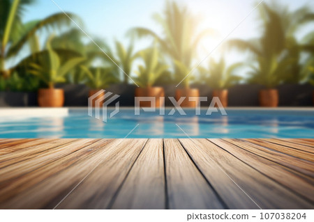 Wooden surface with a blurred background of a swimming pool. Generative AI 107038204