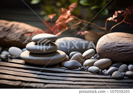 Japanese zen garden. Stones in row pattern in sand and rocks for relaxation and concentration. Generative AI 107038205