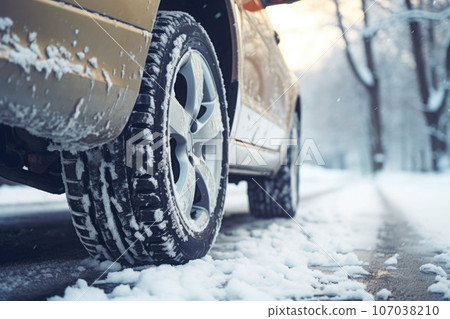 Car tires in winter on the road covered with snow. Generative AI Car tires in winter on the road covered with snow. Generative AI 107038210