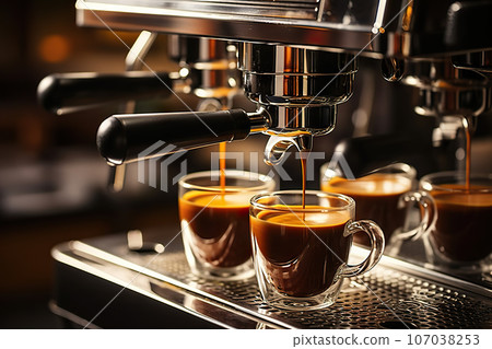 Aromatic Delights Capturing the Moment of Fresh Espresso Pouring from a Coffee Machine at a Cozy Coffee House. created with Generative AI Aromatic Delights Capturing the Moment of Fresh Espresso Pouring from a Coffee Machine at a Cozy Coffee House. created with Generative AI 107038253