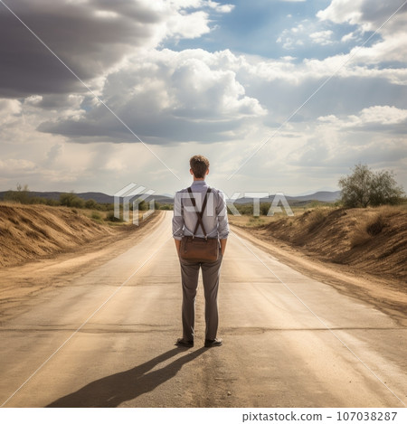 Man standing on road, facing away with bag on back, choosing life path, straight road. 107038287