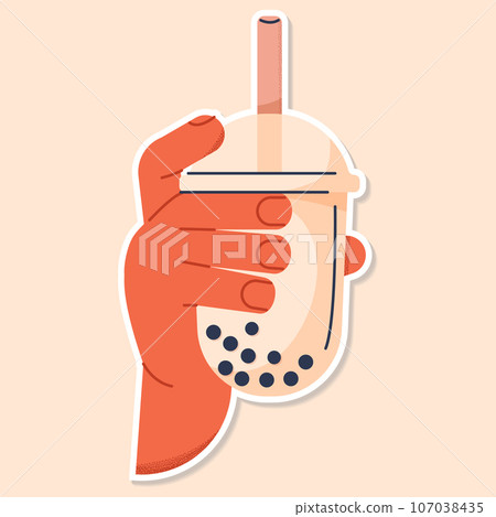 MILK TEA cup with hand sticker beige vector MILK TEA cup with hand sticker beige vector 107038435