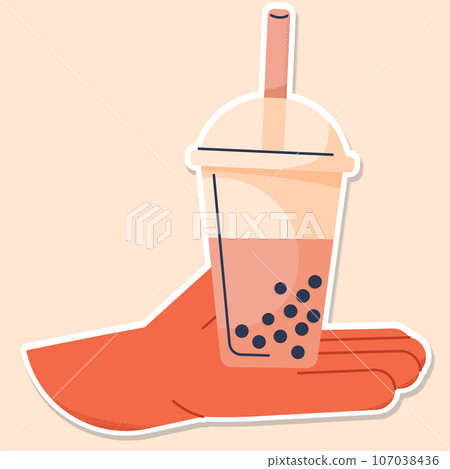 MILK TEA cup with hand sticker beige vector MILK TEA cup with hand sticker beige vector 107038436