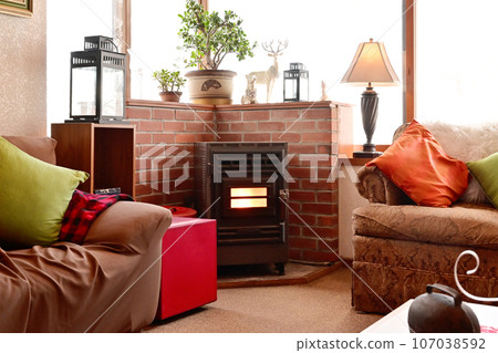 Room with fireplace, warm living room, stylish room, image material 107038592