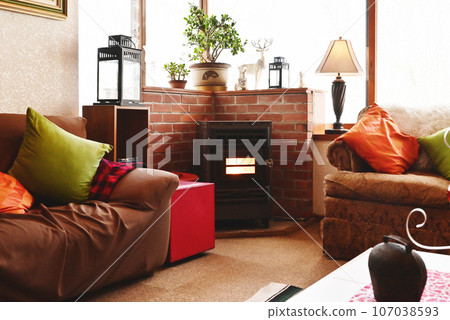 Room with fireplace, warm living room, stylish room, image material 107038593