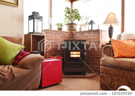 Room with fireplace, warm living room, stylish room, image material 107038594