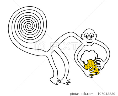 Monkey with pint of beer - paraphrase of the famous geoglyph of the Monkey from Nazca 107038880