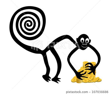 Monkey with a pile of golden coins - a paraphrase of the famous geoglyph The Monkey from Nazca 107038886