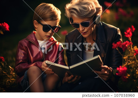 An older woman and a young boy reading a book, AI 107038960