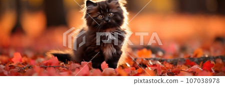 A cat is standing in the middle of a field of red leaves, AI 107038978