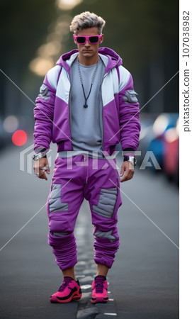 A man in purple and white jacket and pink sneakers, AI 107038982