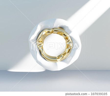 3d render, abstract geometric torus shape, cracked surface with hole. Split object isolated on white background. Minimal design. 107039105
