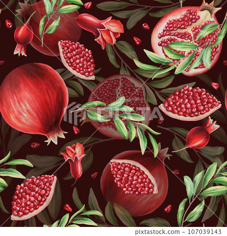 Watercolor seamless pattern with pomegranate seeds and flowers and leafs isolated. Half and a slice of pomegranate. Hand drawn realistic tasty organic garnet red fruit. For designers, Valentine's Day 107039143