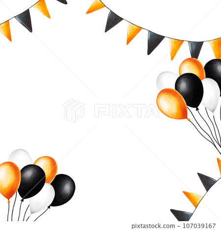 Watercolor frame with festive flags and bunch of balls for halloween illustration. Hand painting postcard isolated on white background. For designers, decoration, shop, for postcards, wrapping paper Watercolor frame with festive flags and bunch of balls for halloween illustration. Hand painting postcard isolated on white background. For designers, decoration, shop, for postcards, wrapping paper 107039167