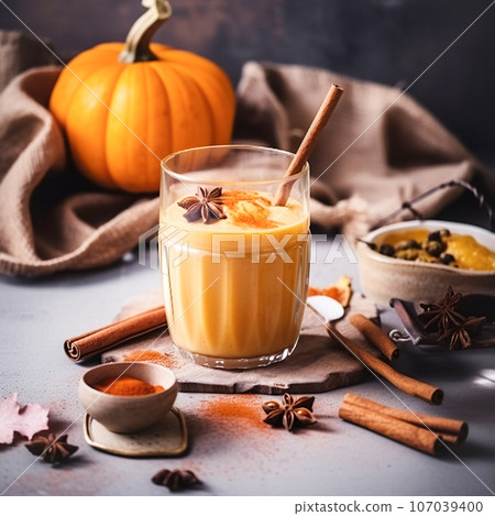 Autumn pumpkin spicy latte with whipped cream and cinnamon, Seasonal warming drink on a dark background 107039400