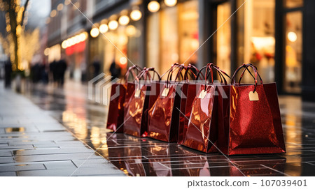 Gift bags against the background of sparkling shop windows of city stores, concept of sales season, Black Friday, Cyber Monday Gift bags against the background of sparkling shop windows of city stores, concept of sales season, Black Friday, Cyber Monday 107039401