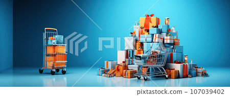 A bunch of different goods in a shopping cart . Concept of online shopping, sales season, Black Friday, Cyber Monday A bunch of different goods in a shopping cart . Concept of online shopping, sales season, Black Friday, Cyber Monday 107039402