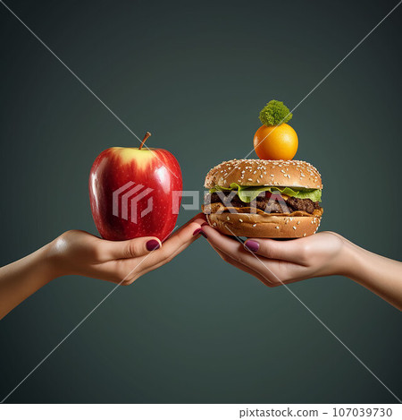choice between healthy eating and gluttony, one hand is holding a hamburger, the other hand is holding an apple choice between healthy eating and gluttony, one hand is holding a hamburger, the other hand is holding an apple 107039730