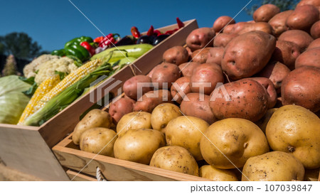 Potatoes in a wooden box on the counter of a farmer's market selling local food 107039847