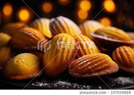 Madeleine cookies on rustic background. French Lorraine region dessert, small shell shaped cakes Madeleine cookies on rustic background. French Lorraine region dessert, small shell shaped cakes 107039889