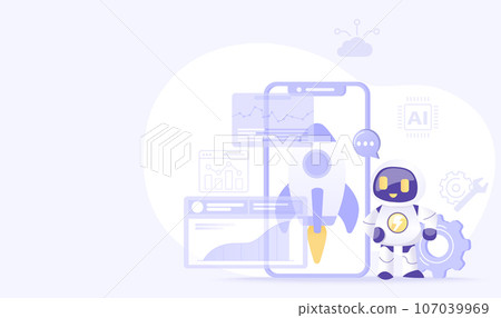 Artificial Intelligence (AI) technology and startup concept. New business startup, growth, investment, data analysis, innovation, networking to goal. Flat vector design illustration with copy space. Artificial Intelligence (AI) technology and startup concept. New business startup, growth, investment, data analysis, innovation, networking to goal. Flat vector design illustration with copy space. 107039969