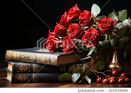 A stack of vintage books and a bouquet of red roses on black background 107039980