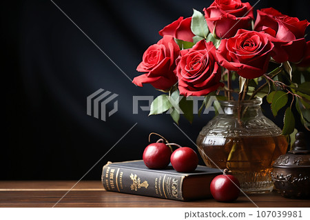 Vintage book and a bouquet of red roses on black background 107039981