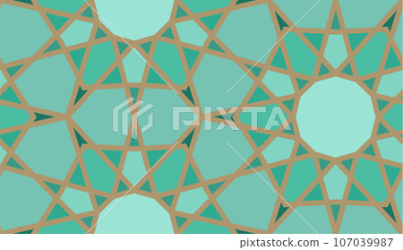 Arabic seamless girih pattern with classic islamic culture ornament. Colorful tiled background with shadow. 107039987