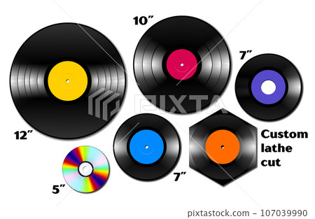 Vinyl lp and ep collection with various sizes of music media 107039990