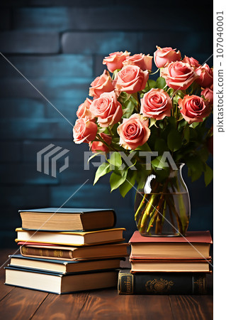 Vintage books and a bouquet of pink roses on...-插圖素材 [107040001] - PIXTA圖庫