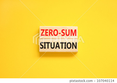 Zero-sum situation symbol. Concept words Zero-sum situation on beautiful wooden blocks. Beautiful yellow table yellow background. Business psychology zero-sum situation concept. Copy space. 107040114