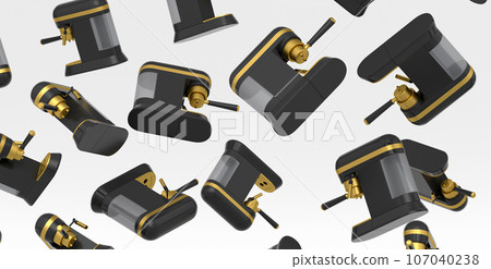 Many of flying professional espresso coffee machine with horn on white 107040238