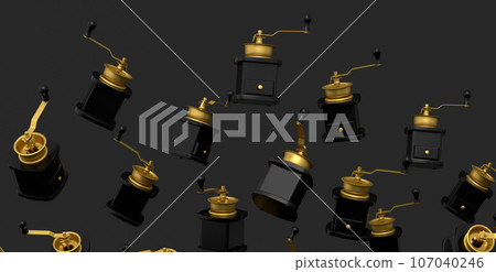Many of flying manual wooden coffee grinder on black background. 107040246