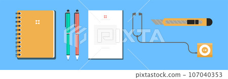 Office Object and Business Workflow Items on Blue Background Vector Set 107040353