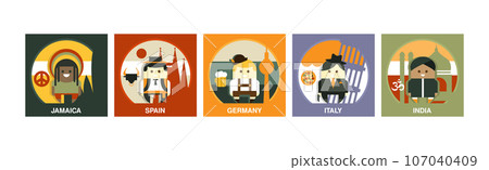 Different Country Citizen Icon with Funny Man in Traditional Dress Vector Set 107040409