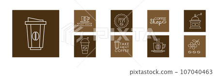 Coffee Shop Logo and Line Icon Vector Set 107040463