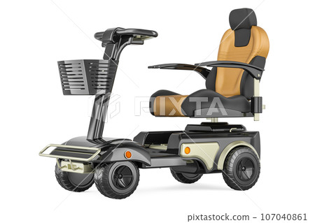 Powered mobility scooter. 4 Wheel Electric Powered Wheelchair Mobile Device, 3D rendering Powered mobility scooter. 4 Wheel Electric Powered Wheelchair Mobile Device, 3D rendering 107040861
