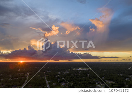 Aerial landscape view of suburban private houses between green palm trees in Florida quiet rural area at sunset 107041172