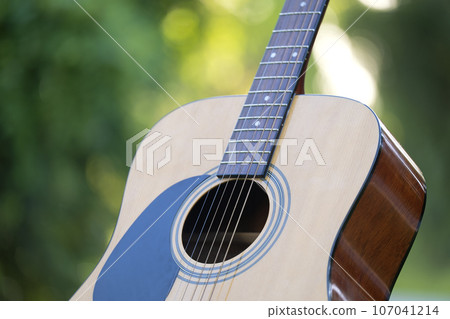 Acoustic guitar outdoors on greenery background. Concept of calm music 107041214
