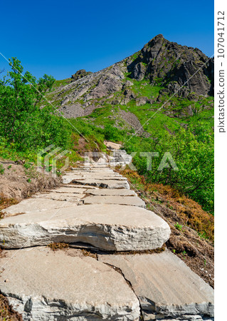 Djevelporten or Devils gate in Floya mountain hiking trail. Norway activity famous places 107041712