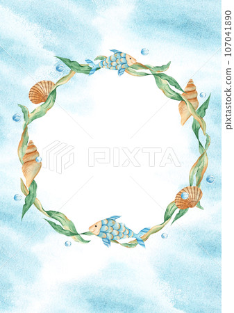 Sea card template with floral sea wreath, seaweeds and water bubbles birthday card. Marine design. Hand drawn watercolor illustration. For save the date, greeting birthday cards, poster. Sea card template with floral sea wreath, seaweeds and water bubbles birthday card. Marine design. Hand drawn watercolor illustration. For save the date, greeting birthday cards, poster. 107041890