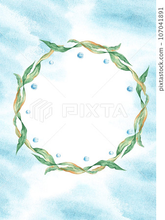 Sea card template with sea wreath, cute fish, seaweeds, seashells and water bubbles. Marine design. Hand drawn watercolor illustration. For save the date, greeting children birthday cards, poster 107041891