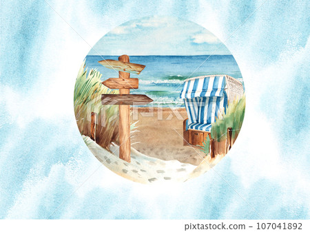 Sea card template with Baltic sea beach panorama, sand dunes, hooded beach chair, Strandkorb, wooden signpost, blue watercolor splashes. Hand drawn watercolor illustration. For holiday remembrance 107041892